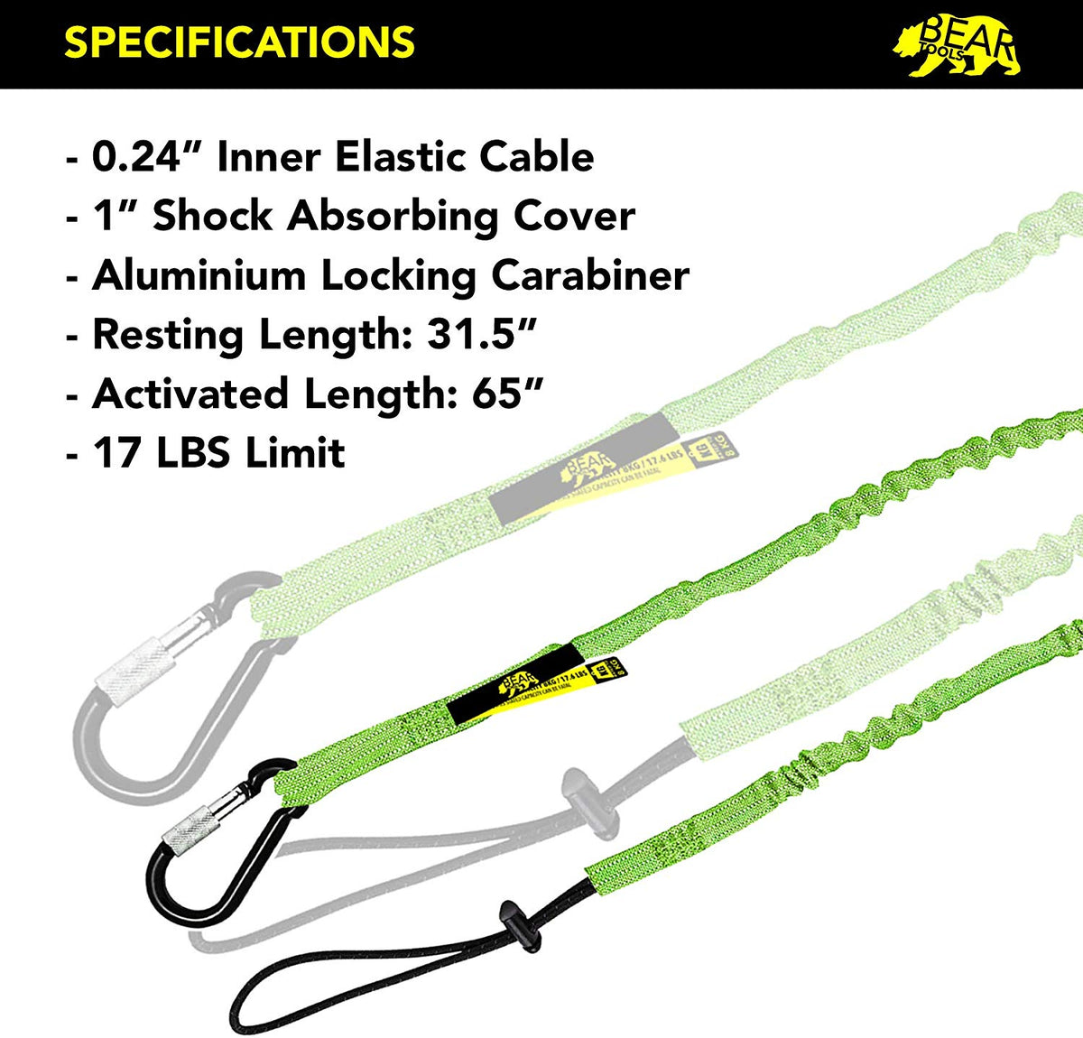 GearbyBear BearTOOLS Tool Lanyard with Buckle Strap - Clip Bungee Cord -  Heavy Duty Screw Locking Carabiner - Fall Protection and Safety 